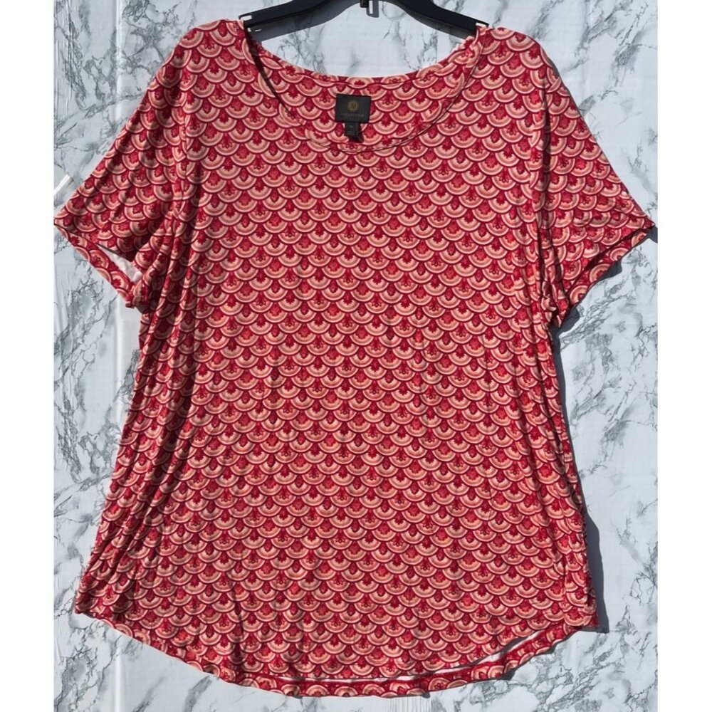 JM Collection Red & Beige Short Sleeve Top XXL Rayon/Spandex Blend Women